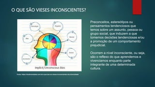 O QUE SÃO VIESES INCONSCIENTES?
Fonte: https://ckzdiversidade.com.br/o-que-sao-os-vieses-inconscientes-ckz-diversidade/
Preconceitos, estereótipos ou
pensamentos tendenciosos que
temos sobre um assunto, pessoa ou
grupo social, que induzem a que
tomemos decisões tendenciosas e/ou
a promoção de um comportamento
prejudicial.
Ocorrem a nível inconsciente, ou seja,
são o reflexo do que aprendemos e
vivenciamos enquanto parte
integrante de uma determinada
cultura.
 