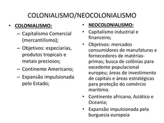 COLONIALISMO/NEOCOLONIALISMO
• COLONIALISMO:
– Capitalismo Comercial
(mercantilismo);
– Objetivos: especiarias,
produtos tropicais e
metais preciosos;
– Continente Americano;
– Expansão impulsionada
pelo Estado;
• NEOCOLONIALISMO:
• Capitalismo industrial e
financeiro;
• Objetivos: mercados
consumidores de manufaturas e
fornecedores de matérias-
primas; busca de colônias para
excedente populacional
europeu; áreas de investimento
de capitais e áreas estratégicas
para proteção do comércio
marítimo.
• Continente africano, Asiático e
Oceania;
• Expansão impulsionada pela
burguesia europeia
 