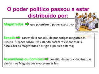 O poder político passou a estar 
distribuído por: 
Magistrados que possuíam o poder executivo; 
Senado assembleia constituída por antigos magistrados. 
Exercia funções consultivas, dando pareceres sobre as leis, 
fiscalizava os magistrados e dirigia a política externa; 
Assembleias ou Comícios constituída pelos cidadãos que 
elegiam os Magistrados e votavam as leis. 
 