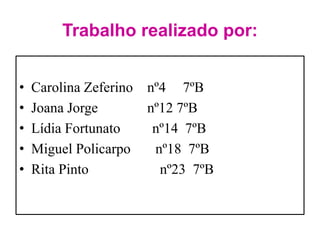 Trabalho realizado por: 
• Carolina Zeferino nº4 7ºB 
• Joana Jorge nº12 7ºB 
• Lídia Fortunato nº14 7ºB 
• Miguel Policarpo nº18 7ºB 
• Rita Pinto nº23 7ºB 
