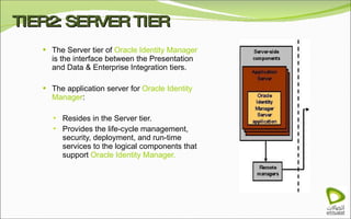 TIER2: SERVER TIER The Server tier of  Oracle Identity Manager  is the interface between the Presentation and Data & Enterprise Integration tiers. The application server for  Oracle Identity Manager : Resides in the Server tier. Provides the life-cycle management, security, deployment, and run-time services to the logical components that support  Oracle Identity Manager. 