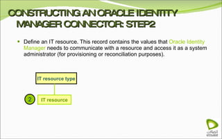 CONSTRUCTING AN ORACLE IDENTITY MANAGER CONNECTOR: STEP2 Define an IT resource. This record contains the values that  Oracle Identity Manager  needs to communicate with a resource and access it as a system administrator (for provisioning or reconciliation purposes). IT resource IT resource type 2 