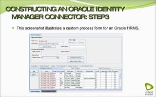 CONSTRUCTING AN ORACLE IDENTITY MANAGER CONNECTOR: STEP3 This screenshot illustrates a custom process form for an Oracle HRMS.  