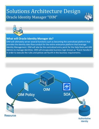 Solutions Architecture Design
Oracle Identity Manager “OIM”
Resource
Authoritative
Identity
What will Oracle Identity Manager do?
OIM will ultimately server several functions such as becoming the centralized platform that
provides the identity data flow conduit for the entire enterprise platform that leverage
Identity Management. OIM will also be the centralized entry point for the Help Desk and IdM
Admins to manage identities. OIM will encapsulate business logic known as “Event Handlers”
in order to execute the rules and polices set fourth in the business requirements.
OIM
SOAOIM Policy
 