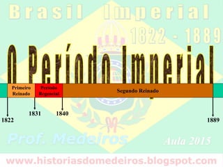 Segundo Reinado
Período
Regencial
Primeiro
Reinado
1822 1889
1831 1840
 