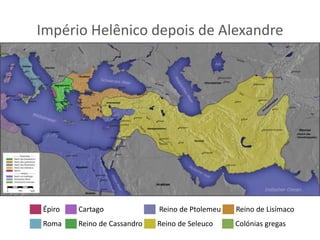 Império Helênico depois de Alexandre
██ Épiro ██ Cartago ██ Reino de Ptolemeu ██ Reino de Lisímaco
██ Roma ██ Reino de Cassandro ██ Reino de Seleuco ██ Colónias gregas
 
