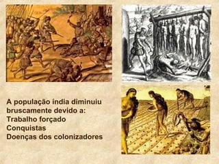 A população índia diminuiu
bruscamente devido a:
Trabalho forçado
Conquistas
Doenças dos colonizadores
 