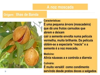 A noz moscada
Origem: Ilhas de Banda
Características:
É uma pequena árvore (moscadeira)
que dá uns frutos carnudos que
abrem e deixam
cair a semente envolta numa película
vermelha, muito brilhante. Da película
obtém-se a especiaria “macis” e a
semente é a noz moscada.
Medicina:
Alivia náuseas a e controla a diarreia
Culinária:
É muito versátil como condimento
servindo desde pratos doces a salgados
 