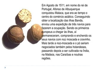 Em Agosto de 1511, em nome do rei de Portugal, Afonso de Albuquerque conquistou Malaca, que era ao tempo o centro do comércio asiático. Conseguindo obter a localização das ilhas Banda, enviou uma expedição de três navios para fazerem a ocupação. Sendo os primeiros europeus a chegar às ilhas, aí permaneceram, comprando e enchendo os seus navios com noz moscada e cravinho. Mais tarde a noz-moscada e o pó seriam negociados também pelos holandeses, passando depois a ser cultivada na Índia, na Malásia, nas Caraíbas e noutras regiões. 