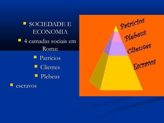  SOCIEDADE ESOCIEDADE E
ECONOMIAECONOMIA
 4 camadas sociais em4 camadas sociais em
Roma:Roma:
 PatríciosPatrícios
 ClientesClientes
 PlebeusPlebeus
 escravosescravos
 