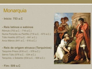 Monarquia
• Início: 753 a.C


- Reis latinos e sabinos
Rômulo (753 a.C. - 716 a.C.)
Numa Pompílio ou Panfílio (716 a.C. - 673 a.C.)
Túlio Hostílio (673 a.C. - 641 a.C.)
Anco Márcio (641 a.C. - 616 a.C.)


- Reis de origem etrusca (Tarquínios)
Tarquínio Prisco (616 a.C. - 578 a.C.)
Sérvio Túlio (578 a.C. - 534 a.C.)
Tarquínio, o Soberbo (534 a.C. - 509 a.C.)


• Fim: 509 a.C
 