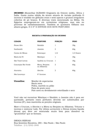 INCENSO (Boswellia) OLÍBANO Originário do Oriente médio, África e
Índia. Goma resina obtida da árvore através de incisão profunda O
incenso é vendido em glóbulos ovais e semi opacos e grumos irregulares
cobertos de pó branco. É diversas vezes mencionado na Bíblia. Os
Egípcios empregavam-no em cerimônias religiosas, mas não no
processo de embalsamamento. Também se queimava Olíbano nos
altares gregos. É O 8º E SINTESE DOS SETE PERFUMES



                      RECEITA E PREPARAÇÃO DO INCENSO


CIDADE                     PERFUME             PORÇÃO          PESO

Pouso Alto                 Sândalo             1               30g

Itanhandú                  Jasmim              2               60g

Carmo de Minas             Estoraque           1/2             1/2 frasco

Maria da Fé                Mástique            1               30g

São Tomé Letras            Açafrão ou Urucum   1               30g

Conceição Rio Verde        Mirra, Benjoim      2               60g
                           ou Alfazema

Aiuruóca                   Alecrim             2               60g

São Lourenço               8° Incenso



Utensílios:           Moedor de especiarias
                      Bacia nova
                      Pedra, martelo ou pilão
                      Pano de prato novo
                      Pote novo ou devidamente esterilizado e seco


Você não vai encontrar Mástique e Sândalo; o Jasmim não é para ser
queimado, portanto esses perfumes deverão ser substituídos por
Incenso (8°), mas mantenha as porções originais.

Moer o Urucum, o Alecrim e a Mirra ou Benjoim ou Alfazema. Triturar o
incenso e misturar tudo. Por último acrescente o Stórax (resina líquida
densa) que deve ser misturada muito bem para dissolver os
“gruminhos” que se formam.


DROGA HERVAS
Rua Quintino Bocaiúva, 285 – São Paulo – São Paulo
Telefone: (11) 3242-1848
 