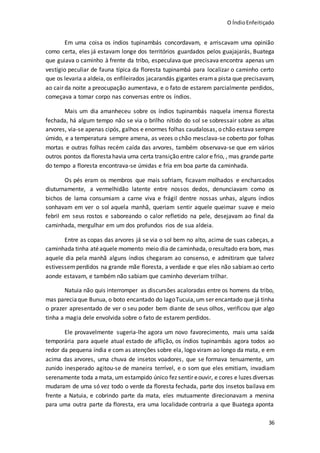 O ÍndioEnfeitiçado
36
Em uma coisa os índios tupinambás concordavam, e arriscavam uma opinião
como certa, eles já estavam longe dos territórios guardados pelos guajajarás, Buatega
que guiava o caminho à frente da tribo, especulava que precisava encontra apenas um
vestígio peculiar de fauna típica da floresta tupinambá para localizar o caminho certo
que os levaria a aldeia, os enfileirados jacarandás gigantes erama pista que precisavam,
ao cair da noite a preocupação aumentava, e o fato de estarem parcialmente perdidos,
começava a tomar corpo nas conversas entre os índios.
Mais um dia amanheceu sobre os índios tupinambás naquela imensa floresta
fechada, há algum tempo não se via o brilho nítido do sol se sobressair sobre as altas
arvores, via-se apenas cipós, galhos e enormes folhas caudalosas, o chão estava sempre
úmido, e a temperatura sempre amena, as vezes o chão mesclava-se coberto por folhas
mortas e outras folhas recém caída das arvores, também observava-se que em vários
outros pontos da floresta havia uma certa transição entre calor e frio, , mas grande parte
do tempo a floresta encontrava-se úmidas e fria em boa parte da caminhada.
Os pés eram os membros que mais sofriam, ficavam molhados e encharcados
diuturnamente, a vermelhidão latente entre nossos dedos, denunciavam como os
bichos de lama consumiam a carne viva e frágil dentre nossas unhas, alguns índios
sonhavam em ver o sol aquela manhã, queriam sentir aquele queimar suave e meio
febril em seus rostos e saboreando o calor refletido na pele, desejavam ao final da
caminhada, mergulhar em um dos profundos rios de sua aldeia.
Entre as copas das arvores já se via o sol bem no alto, acima de suas cabeças, a
caminhada tinha atéaquele momento meio dia de caminhada, o resultado era bom, mas
aquele dia pela manhã alguns índios chegaram ao consenso, e admitiram que talvez
estivessemperdidos na grande mãe floresta, a verdade e que eles não sabiamao certo
aonde estavam, e também não sabiam que caminho deveriam trilhar.
Natuia não quis interromper as discursões acaloradas entre os homens da tribo,
mas pareciaque Bunua, o boto encantado do lagoTucuia, um ser encantado que já tinha
o prazer apresentado de ver o seu poder bem diante de seus olhos, verificou que algo
tinha a magia dele envolvida sobre o fato de estarem perdidos.
Ele provavelmente sugeria-lhe agora um novo favorecimento, mais uma saída
temporária para aquele atual estado de aflição, os índios tupinambás agora todos ao
redor da pequena índia e com as atenções sobre ela, logo viram ao longo da mata, e em
acima das arvores, uma chuva de insetos voadores, que se formava tenuamente, um
zunido inesperado agitou-se de maneira terrível, e o som que eles emitiam, invadiam
serenamente toda amata, um estampido único fez sentir eouvir, e cores e luzes diversas
mudaram de uma só vez todo o verde da floresta fechada, parte dos insetos bailava em
frente a Natuia, e cobrindo parte da mata, eles mutuamente direcionavam a menina
para uma outra parte da floresta, era uma localidade contraria a que Buatega aponta
 