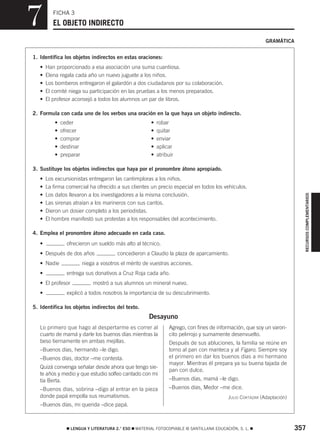 357࡯ LENGUA Y LITERATURA 2.° ESO ࡯ MATERIAL FOTOCOPIABLE © SANTILLANA EDUCACIÓN, S. L. ࡯
RECURSOSCOMPLEMENTARIOS
EL OBJETO INDIRECTO
FICHA 3
GRAMÁTICA
7
1. Identifica los objetos indirectos en estas oraciones:
• Han proporcionado a esa asociación una suma cuantiosa.
• Elena regala cada año un nuevo juguete a los niños.
• Los bomberos entregaron el galardón a dos ciudadanos por su colaboración.
• El comité niega su participación en las pruebas a los menos preparados.
• El profesor aconsejó a todos los alumnos un par de libros.
2. Formula con cada uno de los verbos una oración en la que haya un objeto indirecto.
• ceder • robar
• ofrecer • quitar
• comprar • enviar
• destinar • aplicar
• preparar • atribuir
3. Sustituye los objetos indirectos que haya por el pronombre átono apropiado.
• Los excursionistas entregaron las cantimploras a los niños.
• La firma comercial ha ofrecido a sus clientes un precio especial en todos los vehículos.
• Los datos llevaron a los investigadores a la misma conclusión.
• Las sirenas atraían a los marineros con sus cantos.
• Dieron un dosier completo a los periodistas.
• El hombre manifestó sus protestas a los responsables del acontecimiento.
4. Emplea el pronombre átono adecuado en cada caso.
• ofrecieron un sueldo más alto al técnico.
• Después de dos años concedieron a Claudio la plaza de aparcamiento.
• Nadie niega a vosotros el mérito de vuestras acciones.
• entrega sus donativos a Cruz Roja cada año.
• El profesor mostró a sus alumnos un mineral nuevo.
• explicó a todos nosotros la importancia de su descubrimiento.
5. Identifica los objetos indirectos del texto.
Desayuno
Lo primero que hago al despertarme es correr al
cuarto de mamá y darle los buenos días mientras la
beso tiernamente en ambas mejillas.
–Buenos días, hermanito –le digo.
–Buenos días, doctor –me contesta.
Quizá convenga señalar desde ahora que tengo sie-
te años y medio y que estudio solfeo cantado con mi
tía Berta.
–Buenos días, sobrina –digo al entrar en la pieza
donde papá empolla sus reumatismos.
–Buenos días, mi querida –dice papá.
Agrego, con fines de información, que soy un varon-
cito pelirrojo y sumamente desenvuelto.
Después de sus abluciones, la familia se reúne en
torno al pan con manteca y al Figaro. Siempre soy
el primero en dar los buenos días a mi hermano
mayor. Mientras él prepara ya su buena tajada de
pan con dulce.
–Buenos días, mamá –le digo.
–Buenos días, Medor –me dice.
JULIO CORTÁZAR (Adaptación)
829592 _ 0354-0387.qxd 5/2/08 18:09 Página 357
 