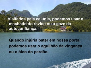 Visitados pela calúnia, podemos usar o machado do revide ou a gaze da autoconfiança.   Quando injúria bater em nossa porta,    podemos usar o aguilhão da vingança    ou o óleo do perdão.