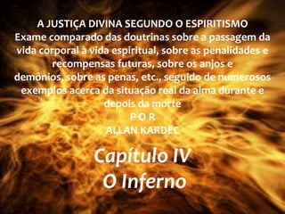 A JUSTIÇA DIVINA SEGUNDO O ESPIRITISMOExame comparado das doutrinas sobre a passagem da vida corporal à vida espiritual, sobre as penalidades e recompensas futuras, sobre os anjos e demônios, sobre as penas, etc., seguido de numerosos exemplos acerca da situação real da alma durante e depois da morteP O RALLAN KARDECCapítulo IV  O Inferno
