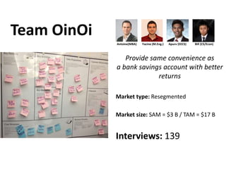 Team OinOi
Provide same convenience as
a bank savings account with better
returns
Market type: Resegmented
Market size: SAM = $3 B / TAM = $17 B
Interviews: 139
Antoine(MBA) Yacine (M.Eng.) Apurv (EECS) Bill (CS/Econ)
 