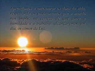 Aprendamos a entesourar os dons da vida, respeitando os ensinamentos que o mundo nos impõe, na certeza de que entre a humildade e o trabalho, alcançaremos, um dia, os cimos da Luz. 