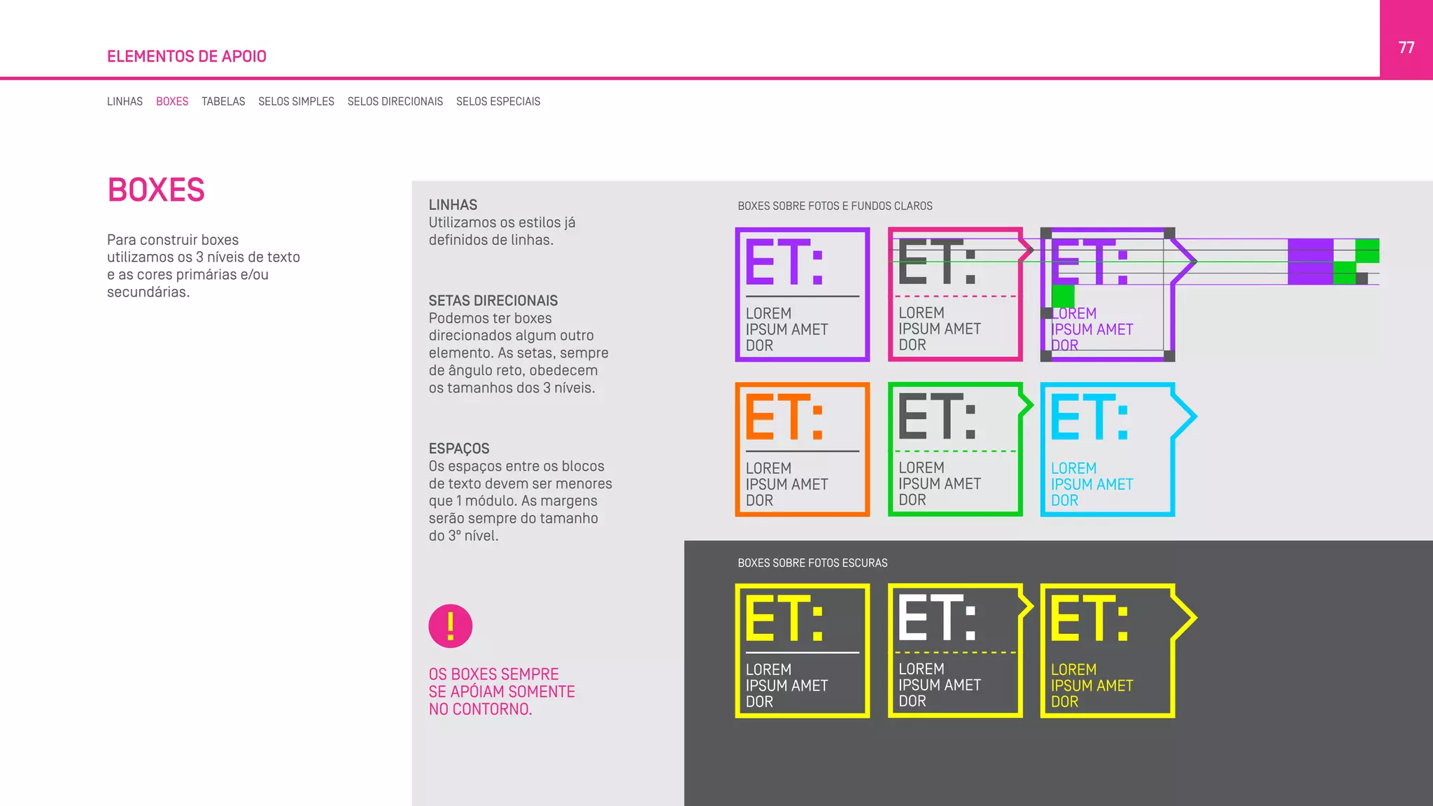 BOXES
Para construir boxes
utilizamos os 3 níveis de texto
e as cores primárias e/ou
secundárias.
ELEMENTOS DE APOIO
77
LINHAS
Utilizamos os estilos já
definidos de linhas.
SETAS DIRECIONAIS
Podemos ter boxes
direcionados algum outro
elemento. As setas, sempre
de ângulo reto, obedecem
os tamanhos dos 3 níveis.
ESPAÇOS
Os espaços entre os blocos
de texto devem ser menores
que 1 módulo. As margens
serão sempre do tamanho
do 3º nível.
OS BOXES SEMPRE
SE APÓIAM SOMENTE
NO CONTORNO.
BOXES SOBRE FOTOS ESCURAS
BOXES SOBRE FOTOS E FUNDOS CLAROS
LINHAS BOXES TABELAS SELOS SIMPLES SELOS DIRECIONAIS SELOS ESPECIAIS
 
