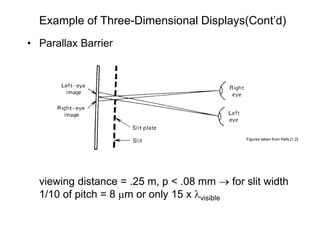Example of Three-Dimensional Displays(Cont’d)
• Parallax Barrier




                                              Figures taken from Refs.[1,2]




  viewing distance = .25 m, p < .08 mm → for slit width
  1/10 of pitch = 8 µm or only 15 x λvisible
 