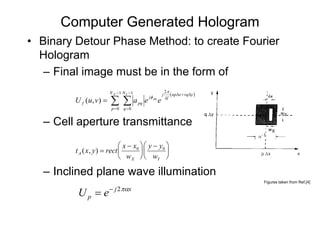 Computer Generated Hologram
• Binary Detour Phase Method: to create Fourier
  Hologram
   – Final image must be in the form of
                         N X −1 N Y −1                            2π
                                                                     ( up∆x + vq∆y )
                         ∑ ∑a
                                                              j
                                                  jφ pq           λf
        U f ( u, v ) =                   pq   e           e
                          p=0 q =0


  – Cell aperture transmittance
                               x − x0   y − y0 
         t A ( x , y ) = rect                  
                               w X   wY 

  – Inclined plane wave illumination
                                                                                       Figures taken from Ref.[4]


          U p = e − j 2παx
 