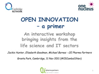 OPEN INNOVATION
               – a primer
            An interactive workshop
           bringing insights from the
          life science and IT sectors
Jackie Hunter, Elisabeth Goodman, Michael Barnes - OI Pharma Partners

        Granta Park, Cambridge, 11 Nov 2011 (#OICambs11Nov)



                               pharma partners                          1
                                open innovation in bioscience
 