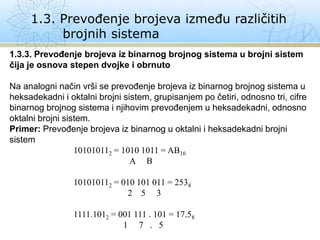1.3. Prevođenje brojeva između različitih
brojnih sistema
1.3.3. Prevođenje brojeva iz binarnog brojnog sistema u brojni sistem
čija je osnova stepen dvojke i obrnuto
Na analogni način vrši se prevođenje brojeva iz binarnog brojnog sistema u
heksadekadni i oktalni brojni sistem, grupisanjem po četiri, odnosno tri, cifre
binarnog brojnog sistema i njihovim prevođenjem u heksadekadni, odnosno
oktalni brojni sistem.
Primer: Prevođenje brojeva iz binarnog u oktalni i heksadekadni brojni
sistem
101010112 = 1010 1011 = AB16
A B
101010112 = 010 101 011 = 2538
2 5 3
1111.1012 = 001 111 . 101 = 17.58
1 7 . 5
 