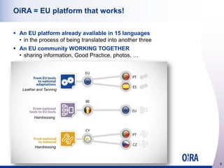 OiRA = EU platform that works!
 An EU platform already available in 15 languages
• in the process of being translated into another three
 An EU community WORKING TOGETHER
• sharing information, Good Practice, photos, …

Leather and Tanning

Hairdressing

Hairdressing

http://www.oiraproject.eu

8

 