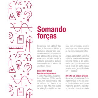 Somando
forças
Em parceria com a United Way
Brasil, o Voluntariado O-I tem o
objetivo de colaborar para o de-
senvolvimento social das crian-
ças, adolescentes e famílias no
entorno das unidades da O-I. A
cada ano, as iniciativas ganham
mais relevância e o número de
voluntários cresce.
United Way Brasil
Fortalecendo parcerias
A United Way iniciou seus proje-
tos no Brasil em 2001 e, desde
então, tem transformado a vida
de milhares de crianças e jo-
vens do país. Atua nas causas
de educação e saúde, em par-
ceria com empresas e governo,
para impactar a vida das pesso-
as nas comunidades carentes.
A nossa parceria tem como foco
melhorar o desenvolvimento da
primeira infância e de adoles-
centes nas comunidades caren-
tes do Brasil. Em 2015, nossos
projetos alcançaram 34 cidades
em 11 estados.
2015 foi um ano de crescer
Nesse ano, o Voluntariado O-I foi
implementado no Rio de Janei-
ro. Um importante passo para o
Programa, que tem a expectati-
va de estar presente em todas
 