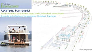 Revamping Porti turistici
Milano, 6 Aprile 2016
Braccia del porto allestite per l’intrattenimento ⦁ Houseboat ⦁ Esperienze
Resort di Houseboat per aumentare utilizzo, profitto, intermodalità, internazionalità.
 