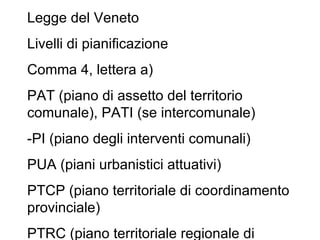Legge del Veneto
Livelli di pianificazione
Comma 4, lettera a)
PAT (piano di assetto del territorio
comunale), PATI (se intercomunale)
-PI (piano degli interventi comunali)
PUA (piani urbanistici attuativi)
PTCP (piano territoriale di coordinamento
provinciale)
PTRC (piano territoriale regionale di
 
