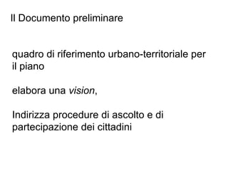 Il Documento preliminare


quadro di riferimento urbano-territoriale per
il piano

elabora una vision,

Indirizza procedure di ascolto e di
partecipazione dei cittadini
 