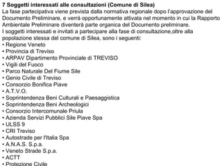 7 Soggetti interessati alle consultazioni (Comune di Silea)
La fase partecipativa viene prevista dalla normativa regionale dopo l’approvazione del
Documento Preliminare, e verrà opportunamente attivata nel momento in cui la Rapporto
Ambientale Preliminare diventerà parte organica del Documento preliminare.
I soggetti interessati e invitati a partecipare alla fase di consultazione,oltre alla
popolazione stessa del comune di Silea, sono i seguenti:
• Regione Veneto
• Provincia di Treviso
• ARPAV Dipartimento Provinciale di TREVISO
• Vigili del Fuoco
• Parco Naturale Del Fiume Sile
• Genio Civile di Treviso
• Consorzio Bonifica Piave
• A.T.V.O.
• Soprintendenza Beni Culturali e Paesaggistica
• Soprintendenza Beni Archeologici
• Consorzio Intercomunale Priula
• Azienda Servizi Pubblici Sile Piave Spa
• ULSS 9
• CRI Treviso
• Autostrade per l'Italia Spa
• A.N.A.S. S.p.a.
• Veneto Strade S.p.a.
• ACTT
 