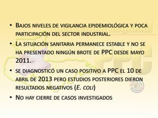 • BAJOS NIVELES DE VIGILANCIA EPIDEMIOLÓGICA Y POCA
PARTICIPACIÓN DEL SECTOR INDUSTRIAL.
• LA SITUACIÓN SANITARIA PERMANECE ESTABLE Y NO SE
HA PRESENTADO NINGÚN BROTE DE PPC DESDE MAYO
2011.
• SE DIAGNOSTICÓ UN CASO POSITIVO A PPC EL 10 DE
ABRIL DE 2013 PERO ESTUDIOS POSTERIORES DIERON
RESULTADOS NEGATIVOS (E. COLI)
• NO HAY CIERRE DE CASOS INVESTIGADOS

 