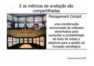 E as métricas de avaliação são
       compartilhadas
                Management Cockpit

                     uma coordenação
                sincronizada de métodos
                     desenhados para
               aumentar a probabilidade
                    de êxito de metas e
               objetivos para a gestão da
                   inovação estratégica


                            Moysés Simantob 2009
 