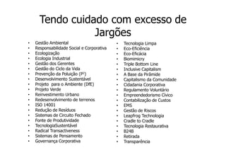 Tendo cuidado com excesso de
                 Jargões
•   Gestão Ambiental                        •   Tecnologia Limpa
•   Responsabilidade Social e Corporativa   •   Eco-Eficiência
•   Ecologização                            •   Eco-Eficácia
•   Ecologia Industrial                     •   Biomimicry
•   Gestão dos Gerentes                     •   Triple Bottom Line
•   Gestão do Ciclo da Vida                 •   Inclusive Capitalism
•   Prevenção da Poluição (P2)              •   A Base da Pirâmide
•   Desenvolvimento Sustentável             •   Capitalismo da Comunidade
•   Projeto para o Ambiente (DfE)           •   Cidadania Corporativa
•   Projeto Verde                           •   Regulamento Voluntário
•   Reinvestimento Urbano                   •   Empreendedorismo Cívico
•   Redesenvolvimento de terrenos           •   Contabilização de Custos
•   ISO 14001                               •   EMS
•   Redução de Resíduos                     •   Gestão de Riscos
•   Sistemas de Circuito Fechado            •   Leapfrog Technologia
•   Fonte de Produtividade                  •   Cradle to Cradle
•   TecnologiaSustentável                   •   Tecnologia Restaurativa
•   Radical Transactiveness                 •   B24B
•   Sistemas de Pensamento                  •   Retirada
•   Governança Corporativa                  •   Transparência
 