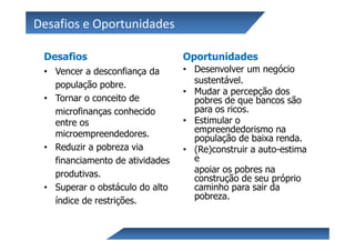 Desafios e Oportunidades

 Desafios                        Oportunidades
 • Vencer a desconfiança da      • Desenvolver um negócio
   população pobre.                sustentável.
                                 • Mudar a percepção dos
 • Tornar o conceito de            pobres de que bancos são
   microfinanças conhecido         para os ricos.
   entre os                      • Estimular o
   microempreendedores.            empreendedorismo na
                                   população de baixa renda.
 • Reduzir a pobreza via         • (Re)construir a auto-estima
   financiamento de atividades     e
   produtivas.                     apoiar os pobres na
                                   construção de seu próprio
 • Superar o obstáculo do alto     caminho para sair da
   índice de restrições.           pobreza.
 