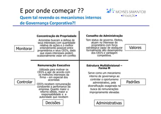 E por onde começar ??
  Quem tal revendo os mecanismos internos
  de Governança Corporativa?!

            Concentração de Propriedade        Conselho de Administração
             Acionistas buscam a defesa de     Tem status de governo. Eleitos,
            seus interesses com quantidade         atuam no interesse do
              relativa de ações e o melhor          proprietário com força
Monitorar     entendimento possível entre      estratégica capaz de assegurar     Valores
            proprietários e seus CEO’s, dado   formalmente alto desempenho
              que esses interesses podem           dos CEO’s e vantagem
            ocasionalmente estar em conflito             competitiva.


            Remuneração Executiva              Estrutura Multidivisional –
                                                        Forma M
             Utilizada para motivar os
            CEO’s a agir de acordo com          Serve como um mecanismo
             os melhores interesses da
              firma – em especial dos            interno de governança ao
                     acionistas                   controlar o oportunismo
Controlar   CEO’s recebem remuneração
                                                    administrativo, pela         Padrões
            condizente a perfomance da          diversificação exagerada na
             empresa. Quanto maior o              busca de remunerações
               retorno obtido, maior a           impropriamente elevadas
                responsabilidade e a
              autoridade que recebem

                  Decisões                             Administrativas
 