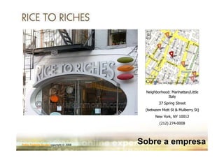 Neighborhood: Manhattan/Little
                                                     Italy
                                                37 Spring Street
                                         (between Mott St & Mulberry St)
                                              New York, NY 10012
                                                 (212) 274-0008
                                                       274-




Fabio Tadashi Suzaki copyright © 2008
                                        Sobre a empresa
 