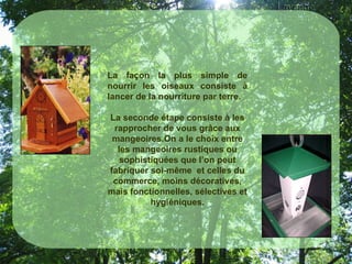 La façon la plus simple de nourrir les oiseaux consiste à lancer de la nourriture par terre. La seconde étape consiste à les rapprocher de vous grâce aux mangeoires.On a le choix entre les mangeoires rustiques ou sophistiquées que l’on peut fabriquer soi-même  et celles du commerce, moins décoratives, mais fonctionnelles, sélectives et hygiéniques.   