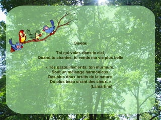 Oiseau Toi qui voles dans le ciel, Quand tu chantes, tu rends ma vie plus belle « Tes gazouillements, ton murmure,  Sont un mélange harmonieux  Des plus doux bruits de la nature  Du plus beau chant des cieux. » (Lamartine)  