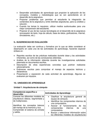 • Desarrollar actividades de aprendizaje que propicien la aplicación de los
conceptos, modelos y metodologías que se van aprendiendo en el
desarrollo de la asignatura.
• Proponer problemas que permitan al estudiante la integración de
contenidos de la asignatura y entre distintas asignaturas, para su análisis y
solución.
• Cuando los temas lo requieran, utilizar medios audiovisuales para una
mejor comprensión del estudiante.
• Propiciar el uso de las nuevas tecnologías en el desarrollo de la asignatura
(procesador de texto, hoja de cálculo, base de datos, graficadores, internet,
simuladores, etc.)
9.- SUGERENCIAS DE EVALUACIÓN
La evaluación debe ser continua y formativa por lo que se debe considerar el
desempeño en cada una de las actividades de aprendizaje, haciendo especial
énfasis en:
• Reportes escritos de las prácticas realizadas durante clase y las actividades
inherentes, así como de las conclusiones obtenidas.
• Análisis de la información obtenida durante las investigaciones solicitadas
plasmada en documentos escritos.
• Descripción de otras experiencias concretas que podrían realizarse
adicionalmente
• Exámenes escritos para comprobar el manejo de aspectos teóricos y
declarativos.
• Presentación y exposición de cada actividad de aprendizaje. Algunas se
evaluaran por equipos.
10.- UNIDADES DE APRENDIZAJE
Unidad 1: Arquitecturas de cómputo
Competencia específica a
desarrollar
Actividades de Aprendizaje
Conocer los diferentes modelos de
arquitectura clásica, segmentada y
de multiproceso.
Identificar los conceptos básicos
del manejo de la memoria y bus.
Comprender el sistema de entrada
y salida.
• Clasificar la arquitectura general de
equipo de cómputo.
• Identificar los componentes internos de
una computadora.
• Asociar el funcionamiento de los
componentes internos de una
computadora.
• Buscar y seleccionar información sobre
los diferentes modelos de arquitecturas
 