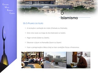 Educação    Moral         Religiosa  Católica O IslamismoO Dia do Julgamento FinalSegundo as crenças islâmicas, o dia do Julgamento Final (Yaumal-Qiyamah) é o momento em que cada ser humano será ressuscitado e julgado na presença de Deus pelas acções que praticou. Os seres humanos livres de pecado serão enviados directamente para o Paraíso, enquanto que os pecadores devem permanecer algum tempo no Inferno antes de poderem também entrar no Paraíso. As únicas pessoas que permanecerão para sempre no Inferno são os hipócritas religiosos, isto é, aqueles que se diziam muçulmanos mas de facto nunca o foram.	Segunda a mesma crença, a chegada do Julgamento Final será antecedida por vários sinais, como o nascimento do sol no poente, o som de uma trombeta e o aparecimento de uma besta. De acordo com o Alcorão o mundo não acabará verdadeiramente, mas sofrerá antes uma alteração profunda.