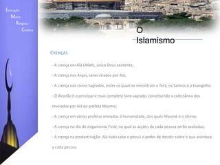 Educação    Moral         Religiosa  Católica O IslamismoSignificado do Símbolo Religioso Islâmico	Entre os muçulmanos, o Hilal, ou Lua Crescente, remete ao calendário lunar, regente para as vidas religiosas e principais rituais. O símbolo foi adoptado por todos os devotos do Islã e tem uma antiga conexão com a realeza árabe.	Por outro lado a Estrelarepresenta Alá e a adoração levada a cabo pelos islâmicos por este mesmo.