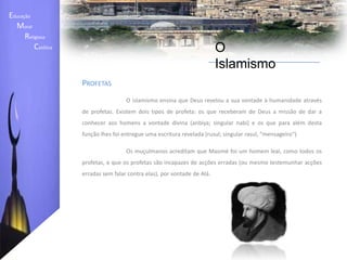 Educação    Moral         Religiosa  Católica O IslamismoOs Livros Sagrados	Os muçulmanos acreditam que Deus usou profetas para revelar escrituras aos homens. A revelação dada a Moisés foi a Taura (Torá), a David foram dados os Salmos e a Jesus, o Evangelho.Deus foi revelando a sua mensagem em escrituras cada vez mais abrangentesToráAlcorão 