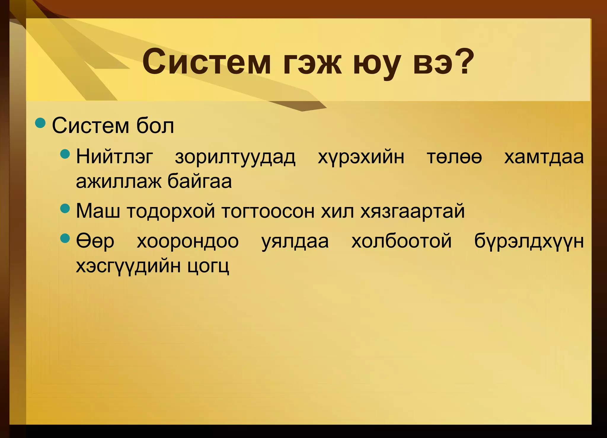 Систем гэж юу вэ?
Систем бол
Нийтлэг зорилтуудад хүрэхийн төлөө хамтдаа
ажиллаж байгаа
Маш тодорхой тогтоосон хил хязгаартай
Өөр хоорондоо уялдаа холбоотой бүрэлдхүүн
хэсгүүдийн цогц
 