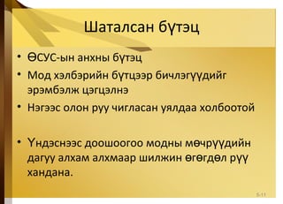 Шаталсан б тэцү
• СУС-ын анхны б тэцӨ ү
• Мод хэлбэрийн б тцээр бичлэг дийгү үү
эрэмбэлж цэгцэлнэ
• Нэгээс олон руу чигласан уялдаа холбоотой
• ндэснээс доошоогоо модны м чр дийнҮ ө үү
дагуу алхам алхмаар шилжин г гд л рө ө ө үү
хандана.
5-11
 
