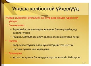 Уялдаа холбоотой йлдл дү үү
Уялдаа холбоотой г гдлийн сангууд дээр хийдэг гурван голө ө
йлдэл:ү
• Сонгож ялгах:
– Тодорхойлсон шалгуурыг хангасан бичлэг дийн дэдүү
олонлог снэүү
– Жишээ, $30,000-аас ил орлого олсон ажилчдыг ялгахүү
• Нэгтгэх
– Хоёр эсвэл т нээс олон х снэгт дийг т р нэгтгэхүү ү үү ү
– Нэг том х снэгт шиг харагдана.ү
• Проекцлох
– Х снэгтэн доторх багануудын дэд олонлогийг байгуулна.ү
5-17
 