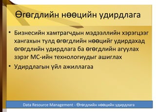г гдлийн н цийн удирдлагаӨ ө өө
• Бизнесийн хамтрагчдын мэдээллийн хэрэгцээг
хангахын тулд г гдлийн н цийг удирдахадө ө өө
г гдлийн удирдлага ба г гдлийн агуулахө ө ө ө
зэрэг МС-ийн технологиудыг ашиглах
• Удирдлагын йл ажиллагааү
5-29
Data Resource Management - г гдлийн н цийн удирдлагаӨ ө өө
 