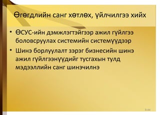 г гдлийн санг х тл х, йлчилгээ хийхӨ ө ө ө ү
• СУС-ийн дэмжлэгтэйгээр ажил г йлгээӨ ү
боловсруулах системийн систем дээрүү
• Шинэ борлуулалт зэрэг бизнесийн шинэ
ажил г йлгээн дийг тусгахын тулдү үү
мэдээллийн санг шинэчилнэ
5-44
 